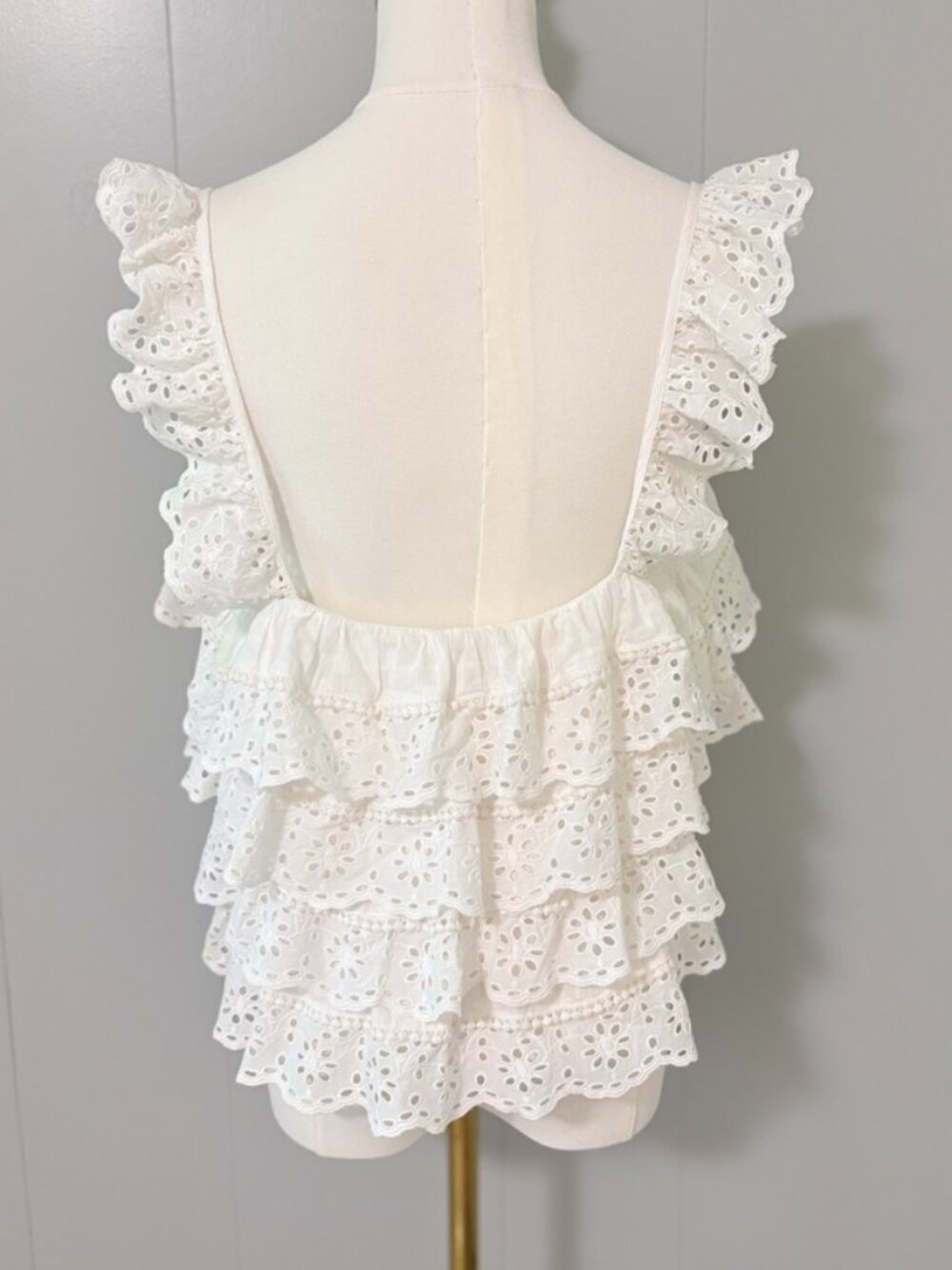 Sezane Lia Blouse Ecru US 8 EU 40 Organic Cotton Eyelet Ruffle Scalloped Top - Picture 11 of 15